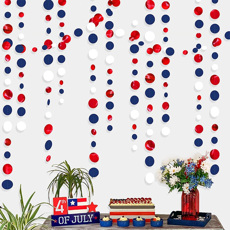 Navy Blue Red White Paper Polka Dots Circle Garlands Royal Blue Red Hanging Streamers 4th of July USA Birthday Party Decorations