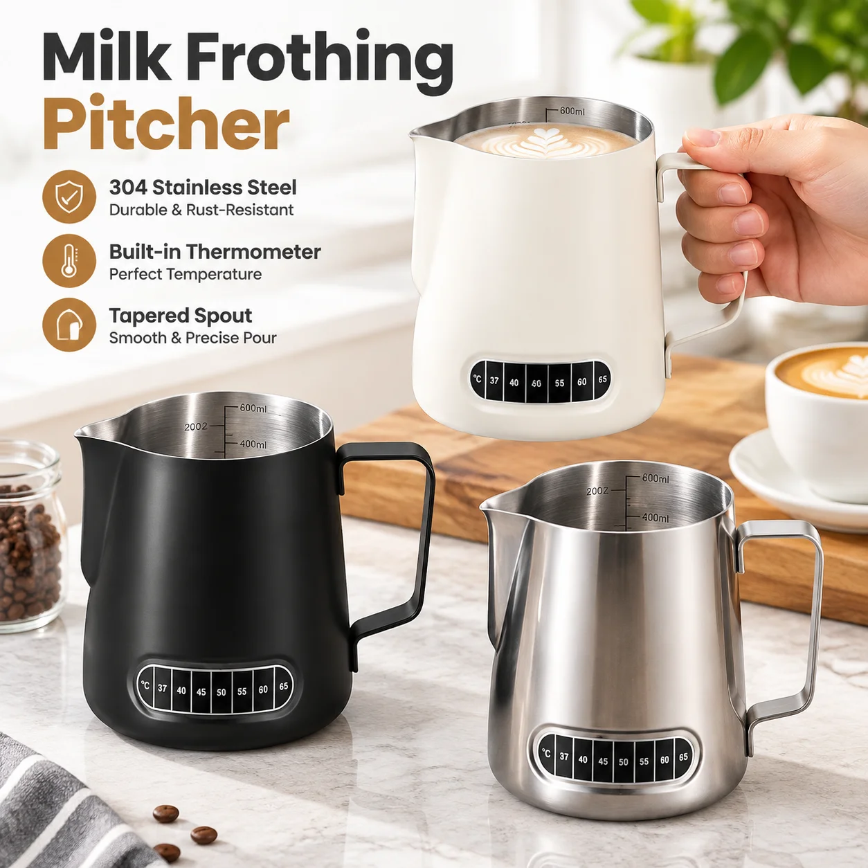 Milk Frothing Pitcher 304 Stainless Steel with Thermometer Sticker, Internal Scale, Tapered Spout