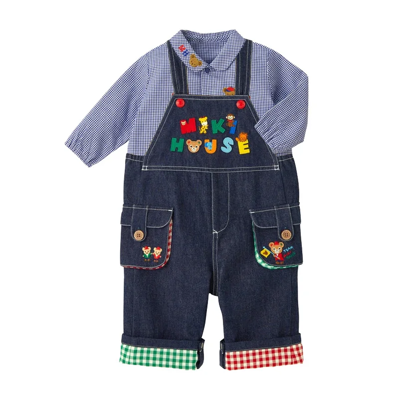 Lente Nieuwe Koreaanse kinderen Plaid Lange mouwen Cartoon Beer Geborduurde Blouses Jongens Shirt Camisas Blouse voor Meisjes top