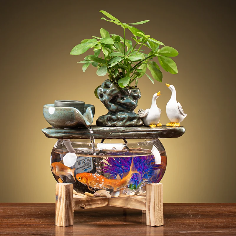 Creative glass goldfish tank living room desktop circulating water ornaments small household lucky fish tank mini fish basin