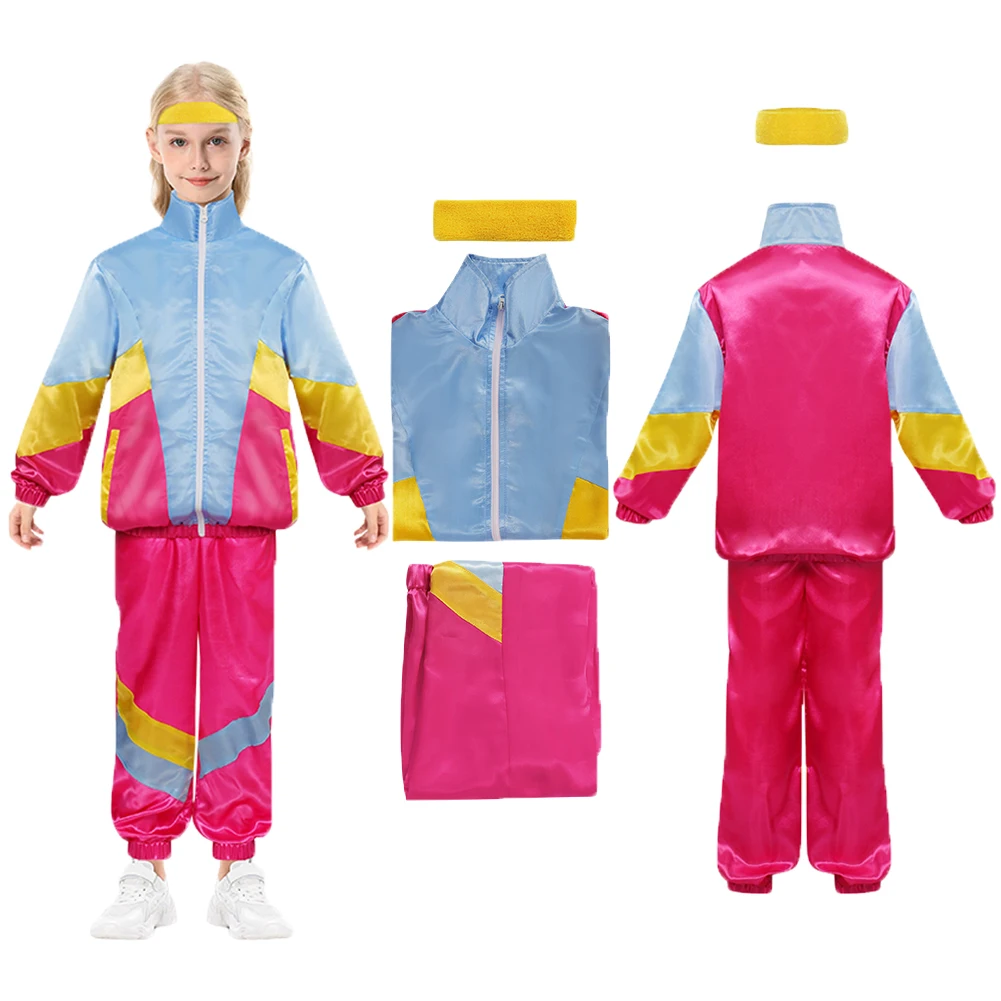 Retro 80s Cosplay Costume Fantasy Jacket Coat Pants Headband Outfits Halloween Carnival Party Suit Tracksuit For Kids Roleplay