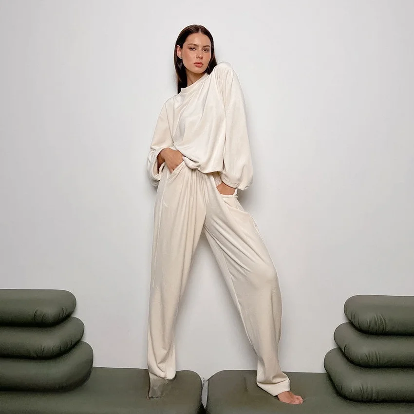 

Velvet Color Top Wide Leg Pants Set Home Clothes Women's Long Sve round Ne Home Comfort Suit Ele Classy