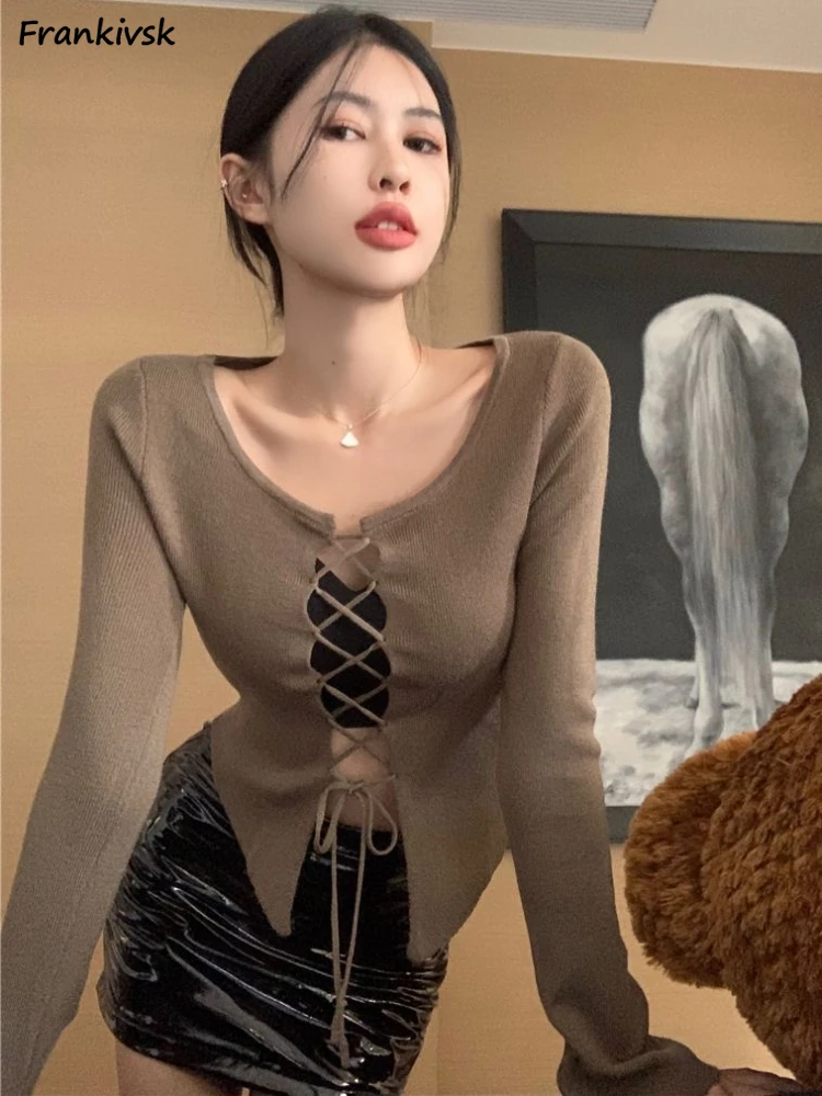 

Бандажные свитера женские с круглым вырезом крест-накрест ажурные Hotsweet американский стиль майяр тонкая универсальная уличная одежда повседневная мода