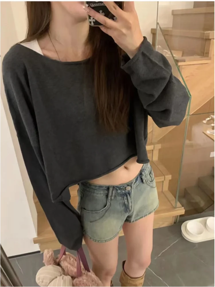 

Casual Women Short Sweatshirts 2023 Fall Fashion Ladies O Neck Long Sleeves Solid Color Tops Female Chic Pullovers