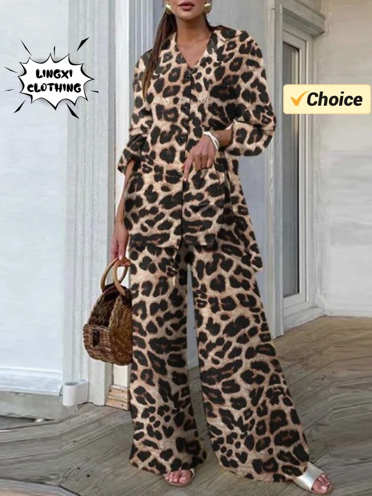 Summer Fashion Collection New Women\'s Wear Matching Collection Leopard Pattern Top Loose Wide Leg Pants Retro Two Piece Set