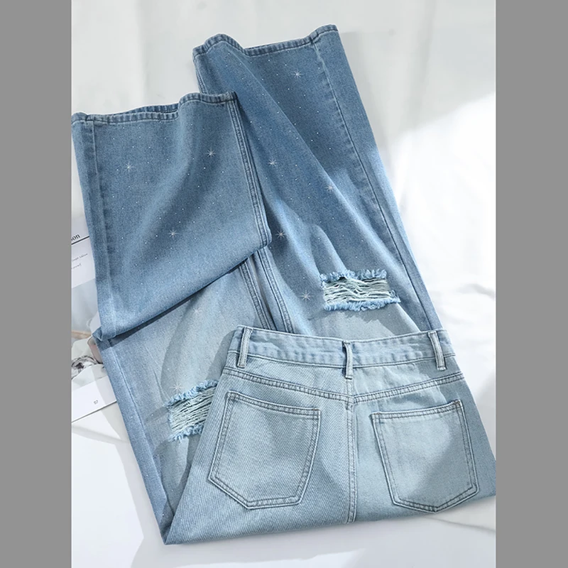 Gradientowe niebieskie jeansy z dziurami dla kobiet 2025 Summer High Waist Straight Loose Denim Pants Shiny Diamond Girls Wide Leg Pants