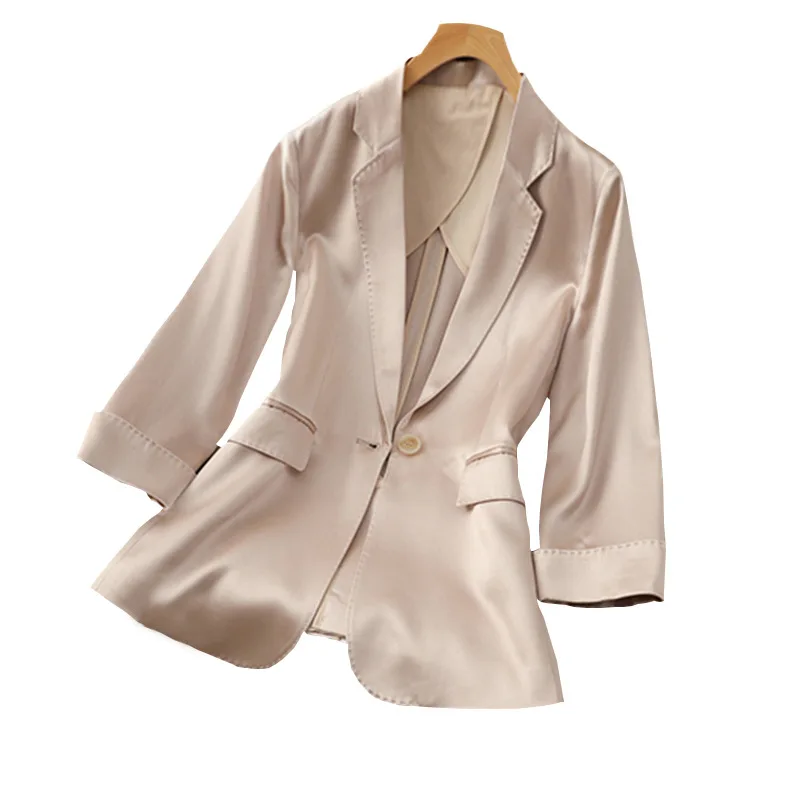 Champagne color Triacetic Acid fabric women blazers Small Suits coat Slim Fitting Waist Closing Silk Satin Suits Thin Coats