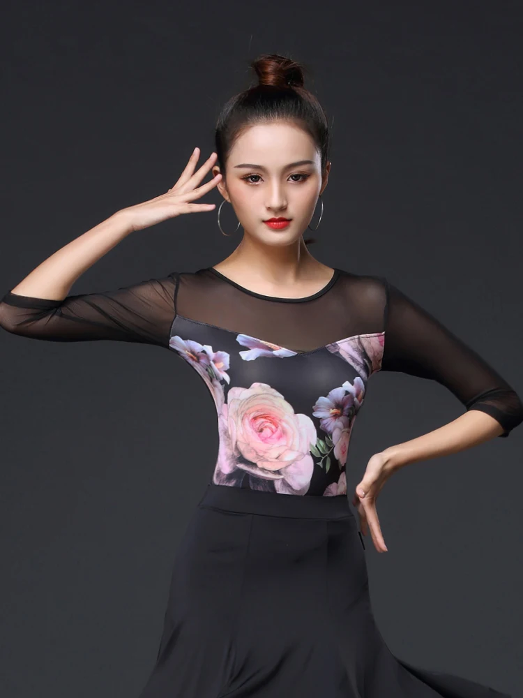 Haut de danse latine nouvelle pratique orm vêtements de danse moderne stand tenue de performance imprimer vêtements de danse sociale à manches mi-longues A...