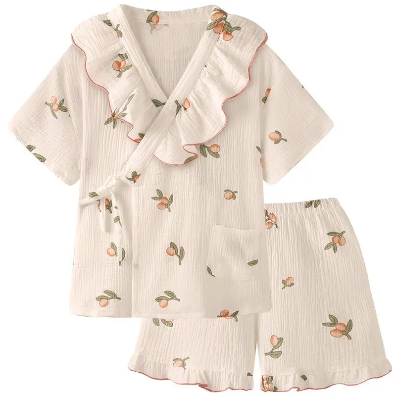 

Women's Summer Cotton Pajamas Set - Cactus Print Short Sleeve Shorts,Ruffled Collar Loose Fit Cute Sweet Casual Loungewear