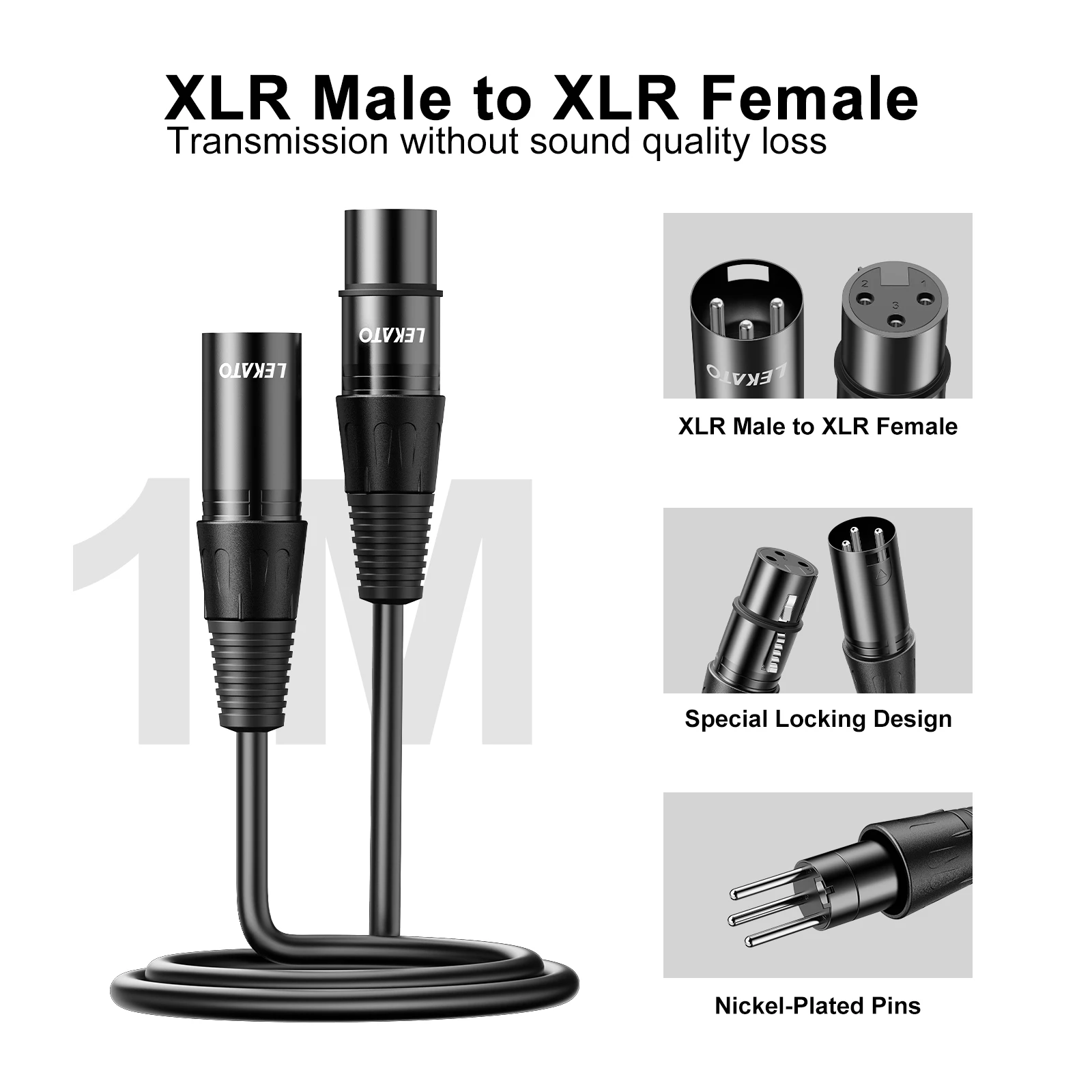 LEKATO XLR Cable 3Ft, 2-Pack Microphone Cable XLR Male to Female Balanced 3 PIN Pure Copper Wire