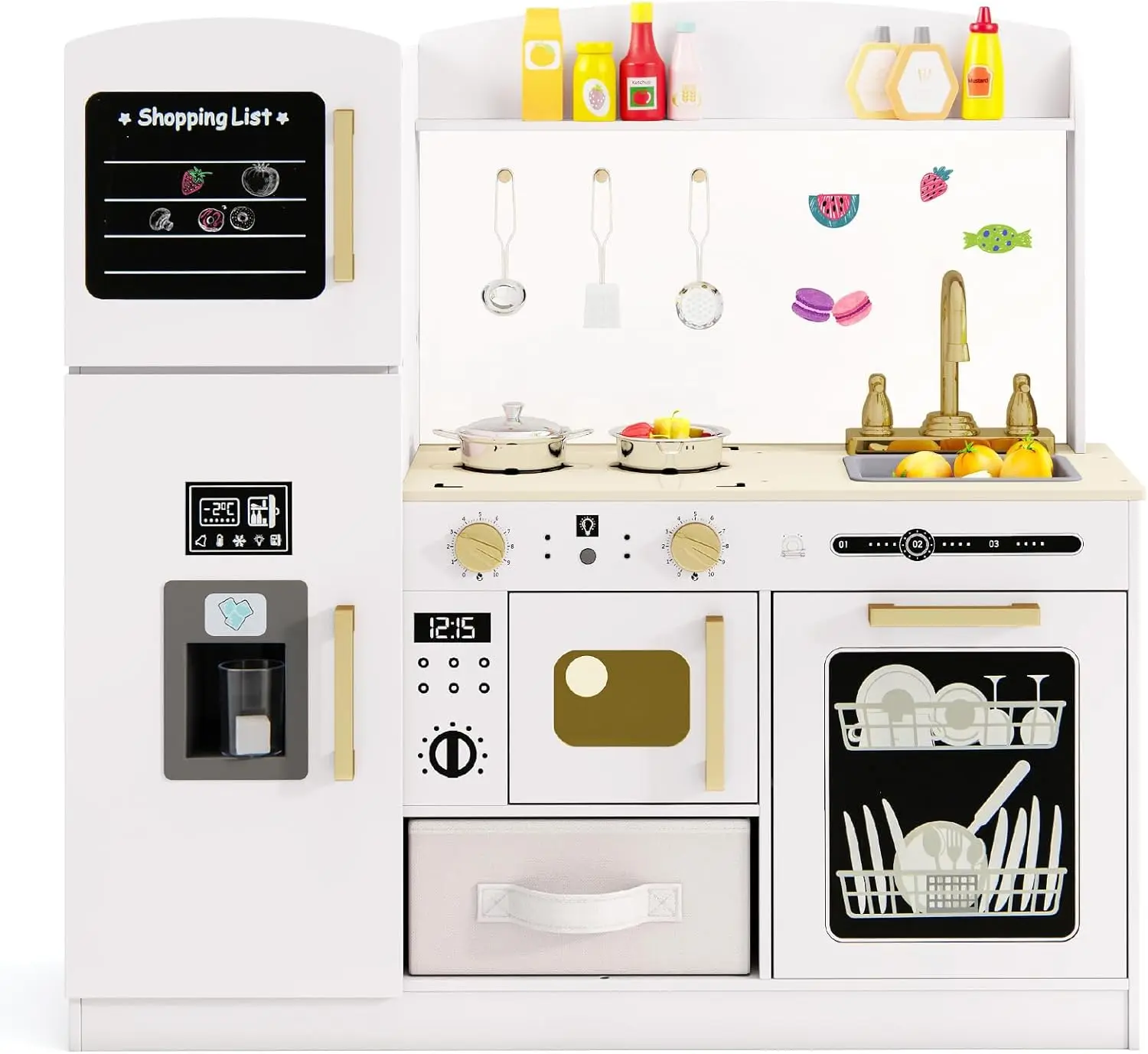 Cocina para niños con accesorios, cocina de juego con tablero de escritura, máquina de hielo, microondas iluminado para fregadero