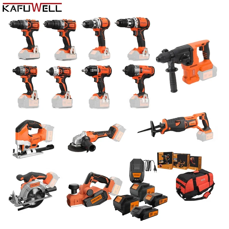 KAFUWELL Professional Working Tools 18pcs In One 4.0ah 5.0ah 6.0ah Battery 18v 20v 21v Cordless Hammer Drill Combo Set