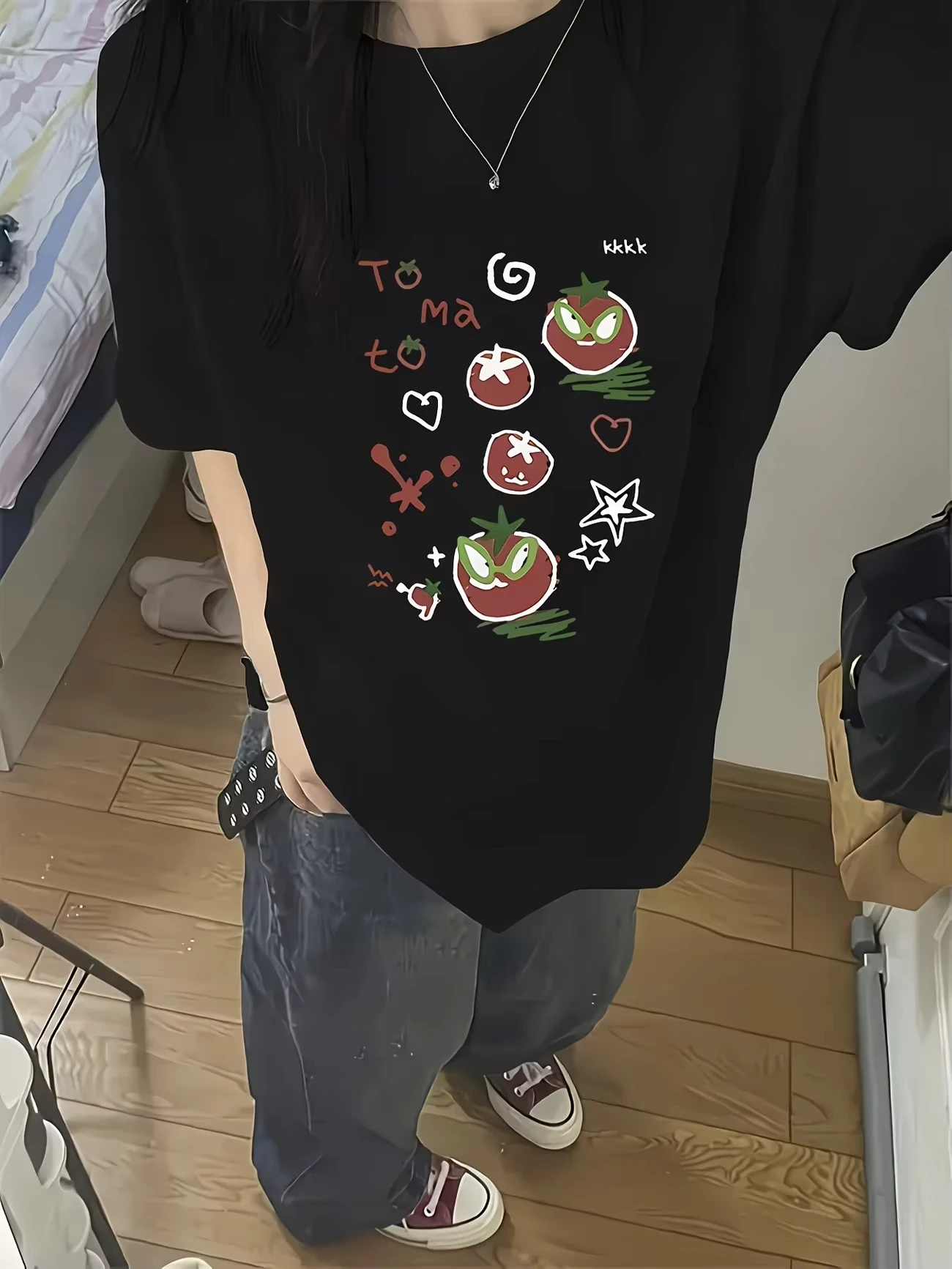 Unisex Cute Cartoon Tomato Graphic T‑Shirt Doodle Heart Star Print Short Sleeve Tee Y2K Casual Streetwear For Men Women