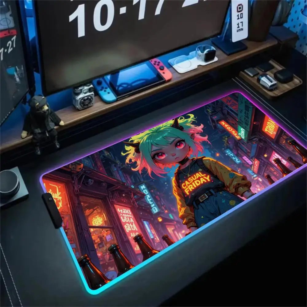 

RGB Mouse pad Cyber anime girl LED glow gaming mat rubber anti-slip Desk Mat gamer pc accessories Gaming keypad mousepad