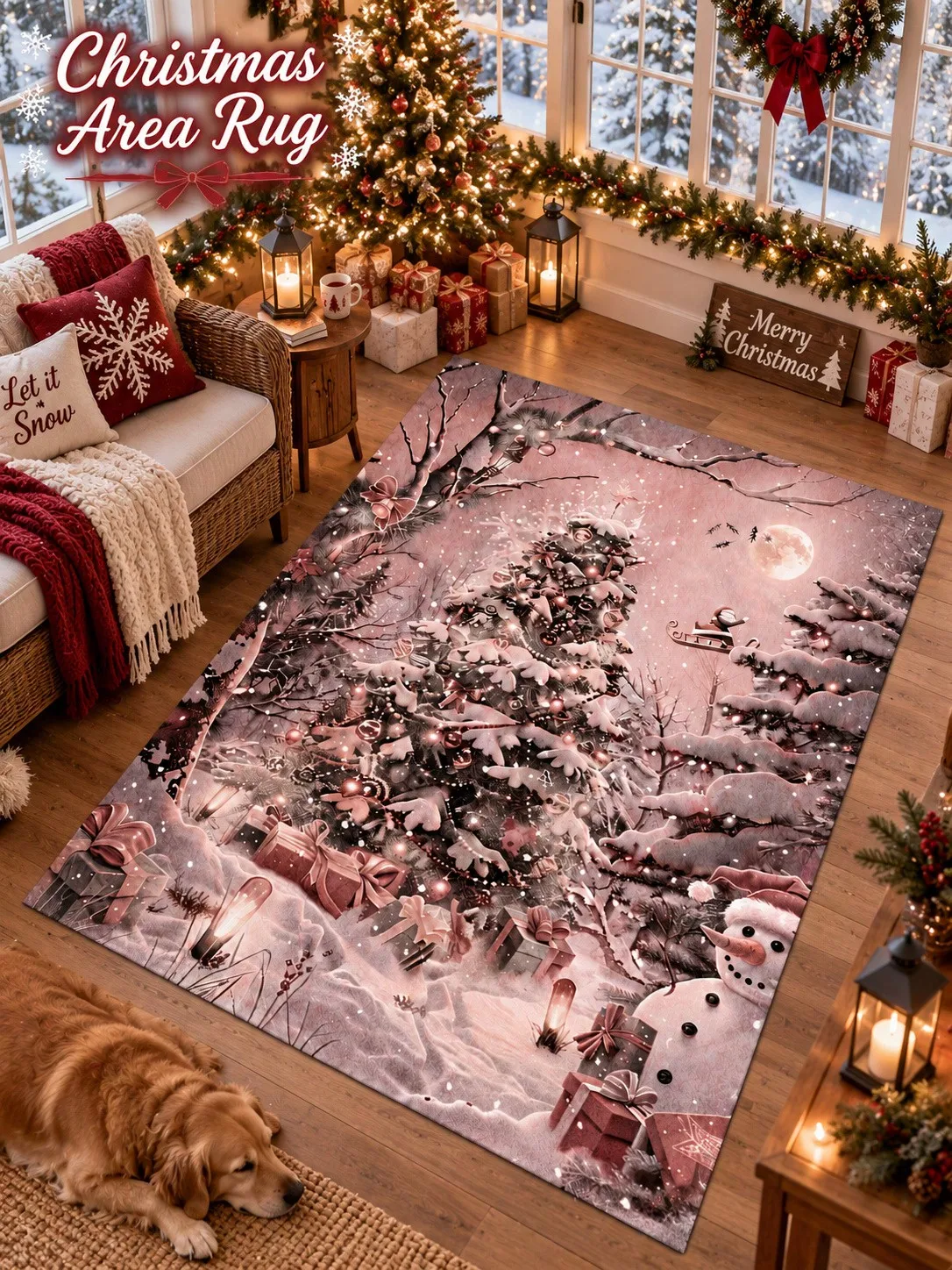 Christmas Rug Tree Snowman Lantern Moon Floor Decor Carpet Living Room Bedroom Dining Area Entryway Apartment Cottage Winter Home Styling Beside Sofa Coffee Table Housewarming Birthday Gift for Family Friends Neighbors Sisters Holiday Celebrations
