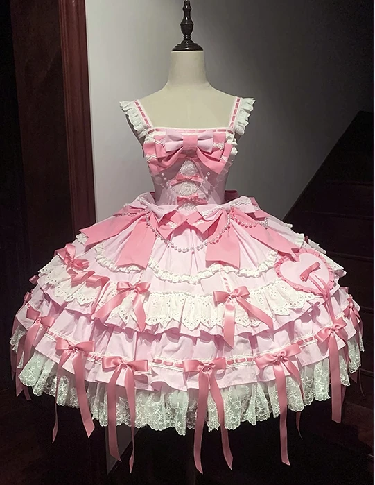 Japanse Zachte Meisjes Lolita Roze Jurk JSK Herfst Nieuwe vrouwen Slim Fit Leuke Boog Kant Prinses Jurk Loli Y2K verjaardag Jurken