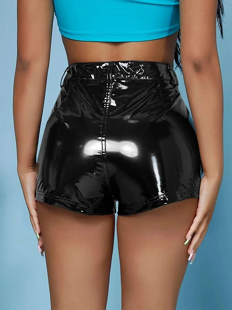 Shiny Patent Leather Shorts Women High Waist Faux Latex Hot Pants With Pocket Ladies Summer Bodycon PU Biker Shorts New Custom