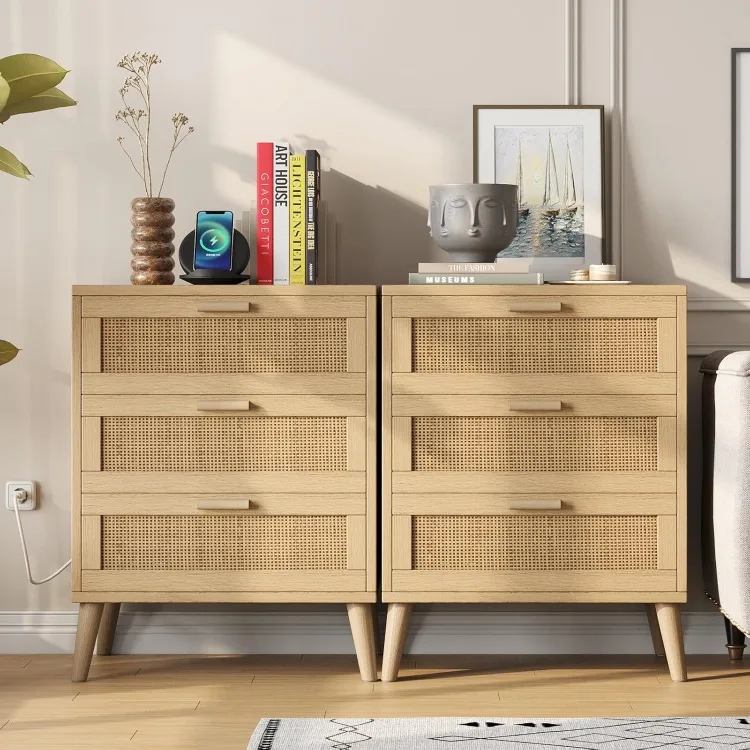 Rattan Nightstand Set of 2, Farmhouse Night Stand with Charging Station & Rattan Decorated Drawers, Accent End Table