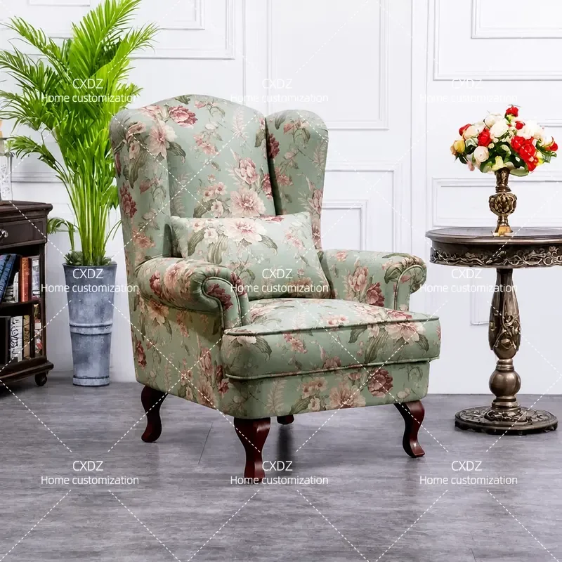 Rural Mediterranean Floral Tiger Chair Light Luxury Cotton Linen Fabric Single Sofa for Living Room Balcony