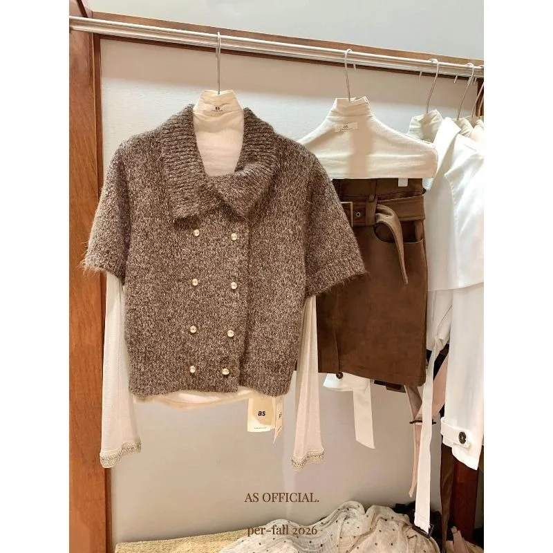 Women Tweed Style Double Breasted Mid Sleeve Knit Poncho Sweater Autumn Loose Versatile Knitted Top