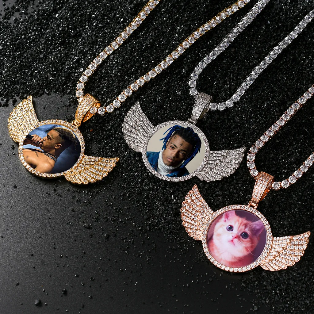 Round photo necklace, wing frame, copper product, full diamond couple pendant, hip-hop style