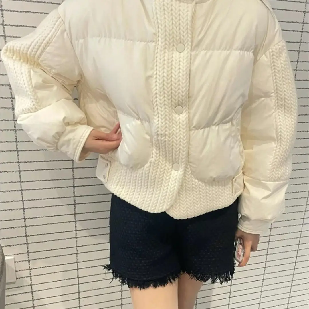 

White Patchwork Stand Collar Short Down Cotton Jacket for Women Winter 2025 New Fashionable Warm Versatile Coat