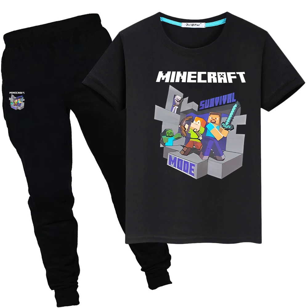 

Minecraft Print Summer 100%Cotton Cute T-shirt boy girl clothes Anime Tees Kawaii 2pcs Sports Sets Short+pant kids holiday gifts