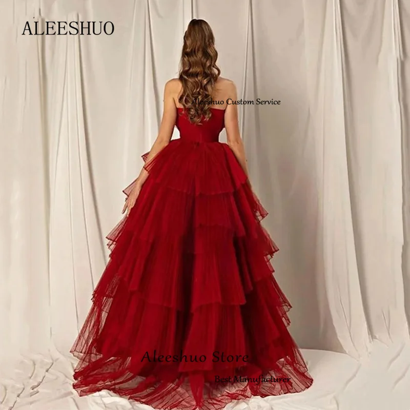 Aleeshuo vermelho a linha longo vestido de baile sem mangas tule strapless vestido de baile em camadas plissado vestido de festa فستانmaveraVestido personalizado