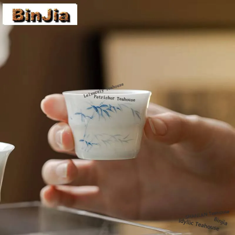 

2pc/lot Hand-painted Bamboo Knot Thin Body Tea Cup Handmade Underglaze Color Master Cup Small Meditation Cup Gongfu Teaset 35ml