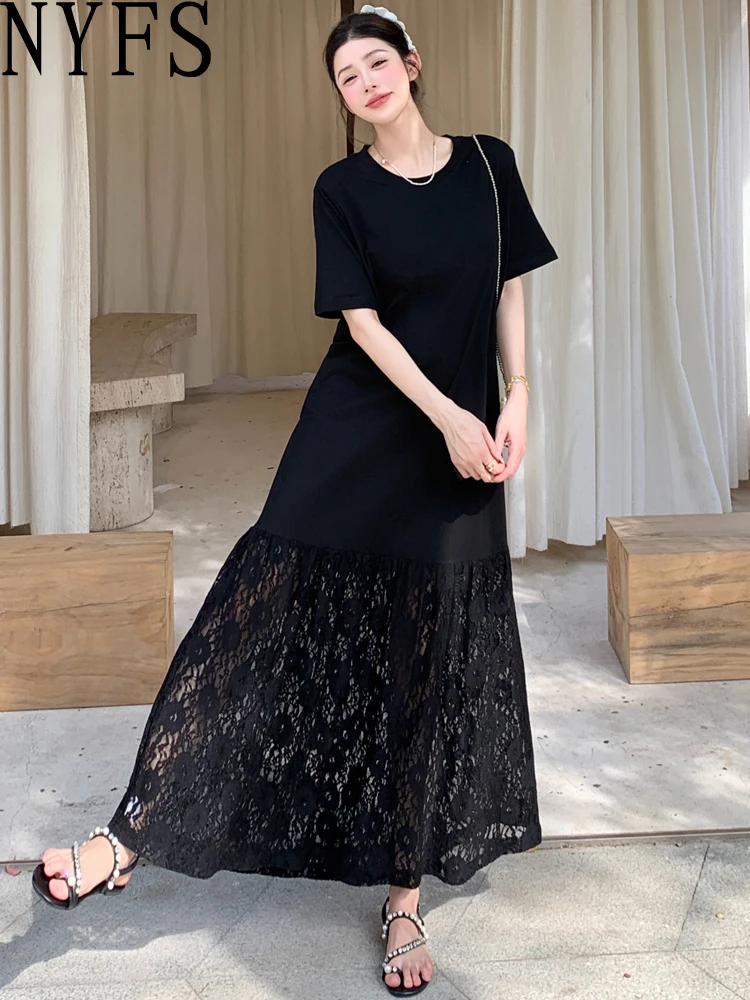NYFS 2025 الكورية نمط المرأة فستان صيفي فضفاض حجم كبير كم قصير المرقعة هيم الدانتيل فستان طويل رداء Elbise