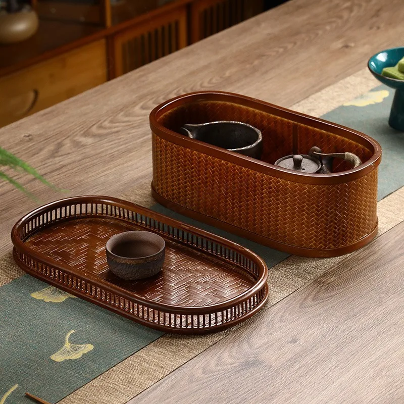 Bamboo Woven Oval Food Box, Finishing Box, Tea Set Storage Box, Lacquer Retro Food Box Storage Basket, Gift Packaging Box.