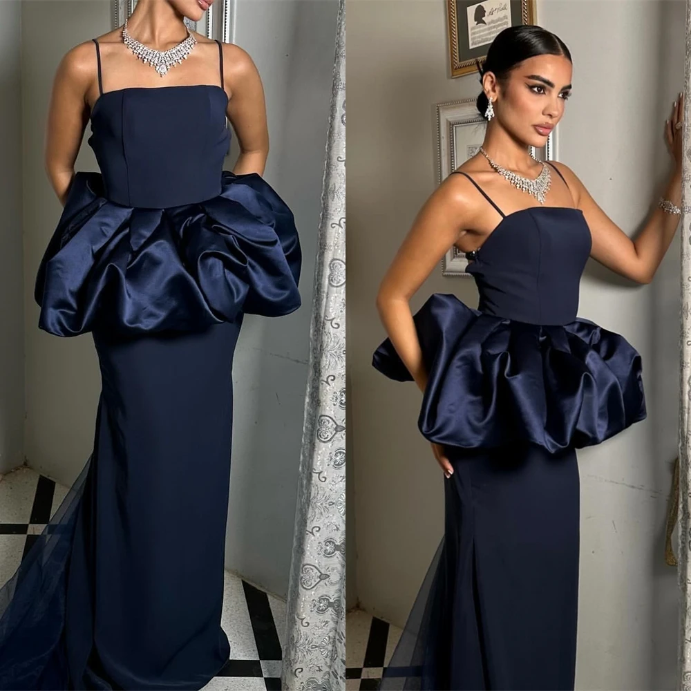 Personalizado delicado azul jérsei vestido de noite de alta qualidade sem alças alças espaguete vestido de cocktail clássico vestido de baile