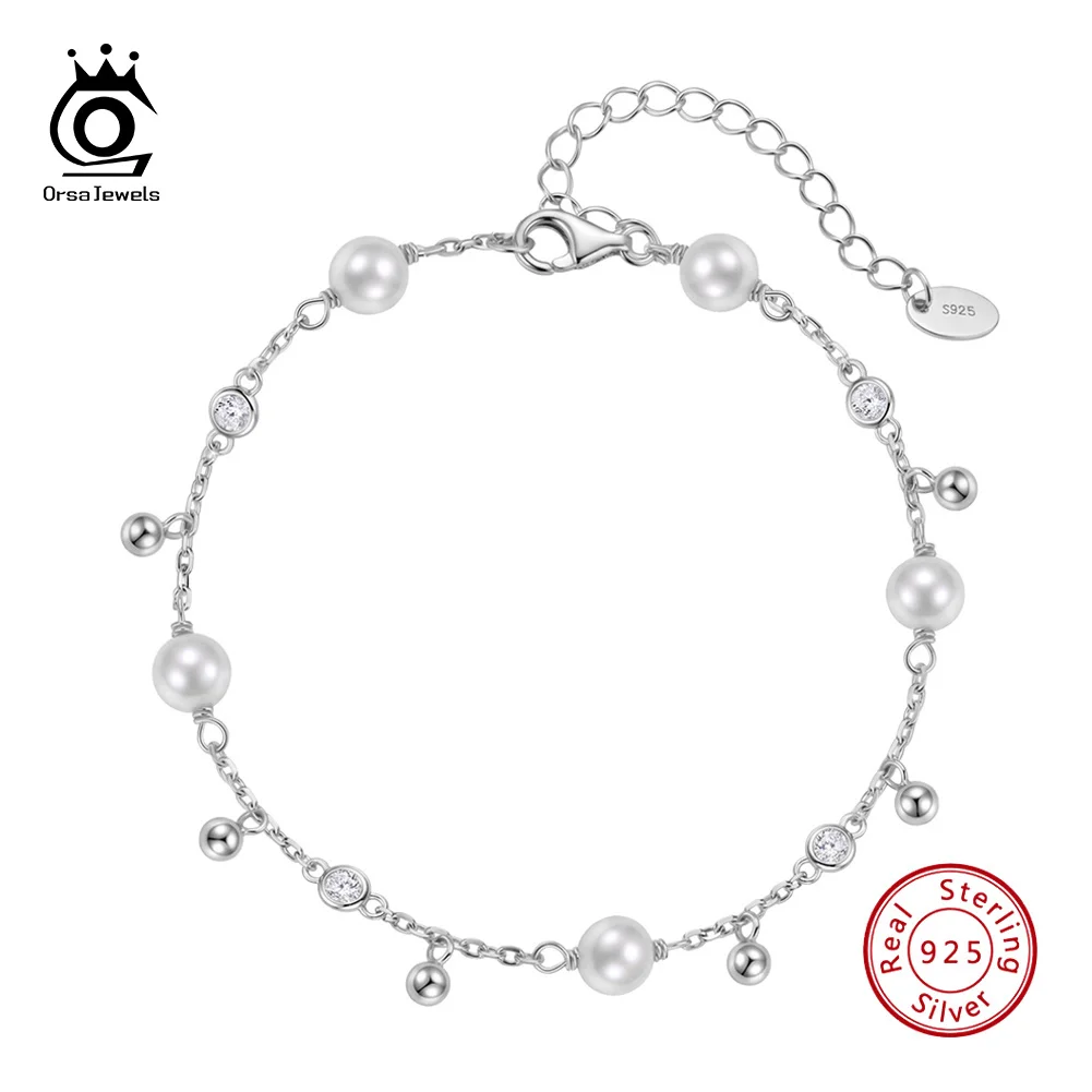 ORSA JEWELS Vintage Shell Pearl Beaded Bracelet 925 Sterling Silver Inlaid Clear Zircon Accents Party Wedding Jewelry PSB11