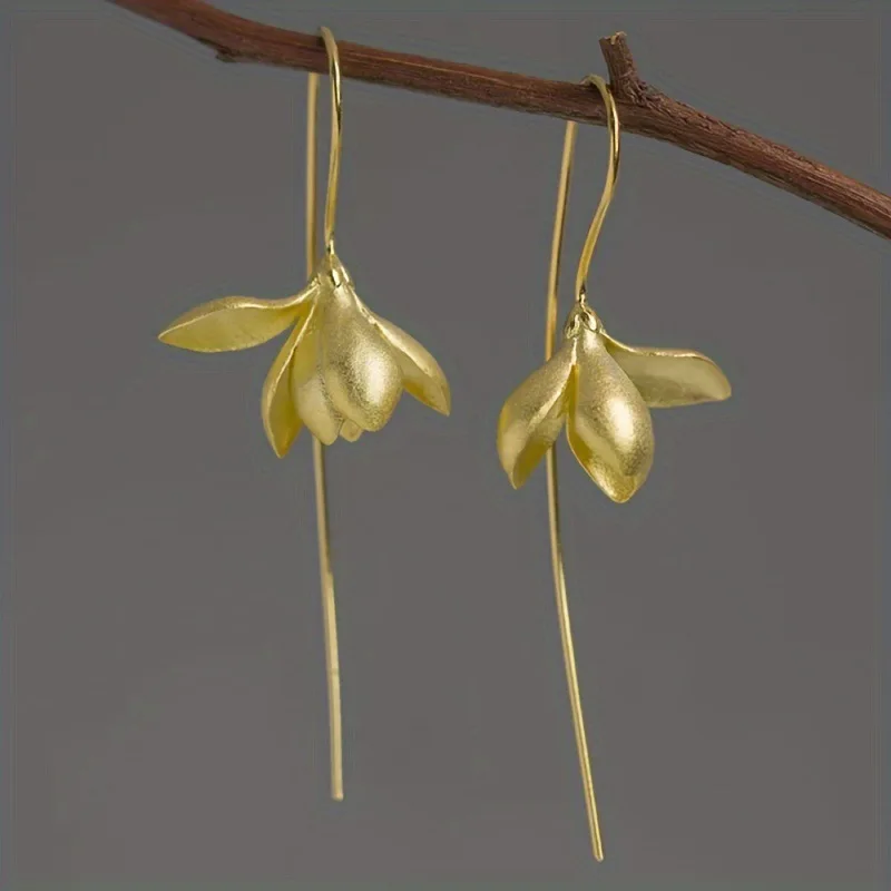 Bohemian vegetal magnolia blossom gold-plated silver-plated literary fresh long female earrings