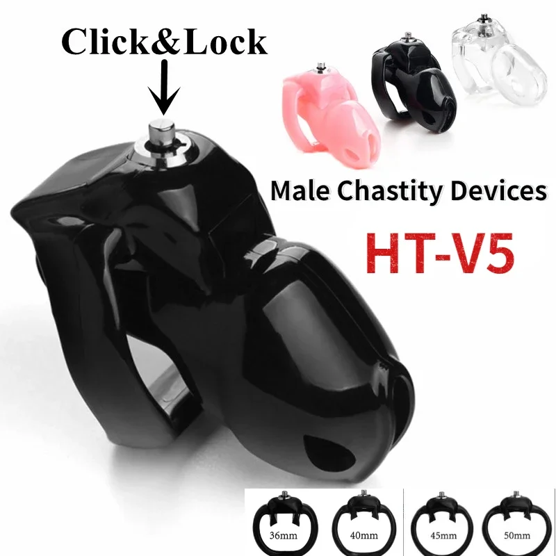 HT-V5 Chastity Cage Device Push To Lock with Penis Ring Cock Cage Anti Cheating Penis Lock Male Erotic Products Pink/Black/Clear