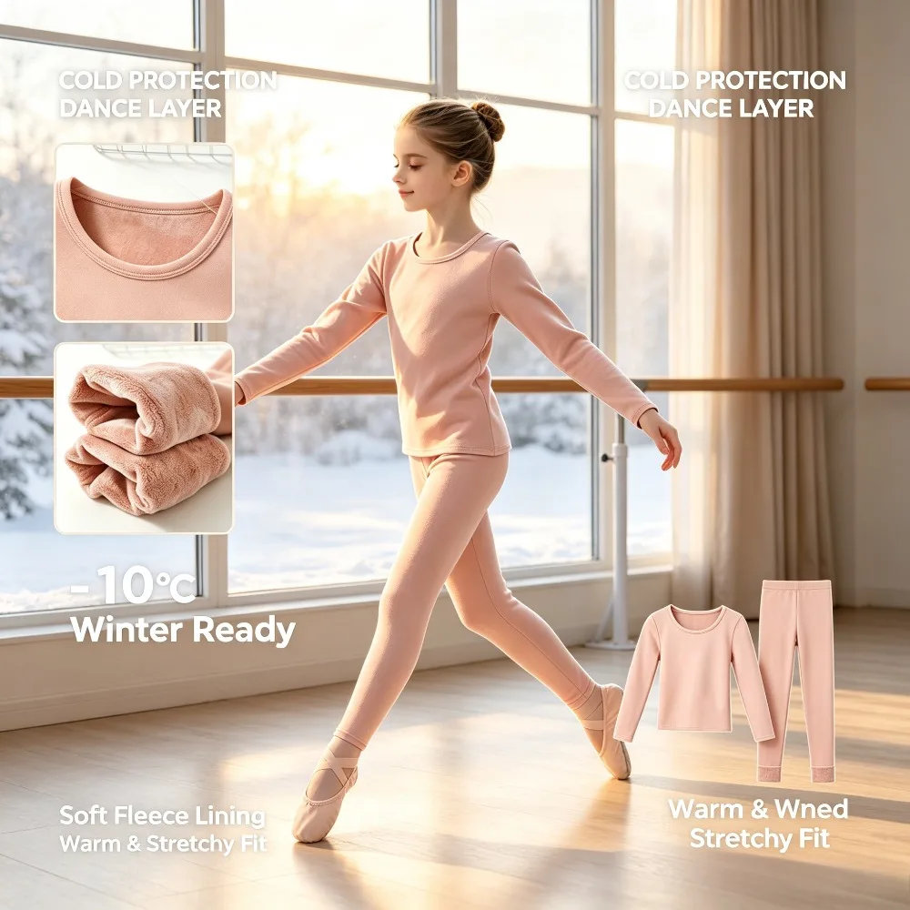 Children's Clothing Set Skin Color Dance Inside Top Tight 2pcs Girls Performance Clothes Winter Thick Warm Thermal Underwear Set
