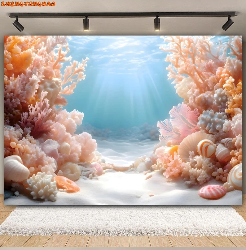Ocean Theme Backdrop For Photography Ocean Undersea World Jellyfish Coral Little Mermaid Dolphin Background Decor Photo Studio