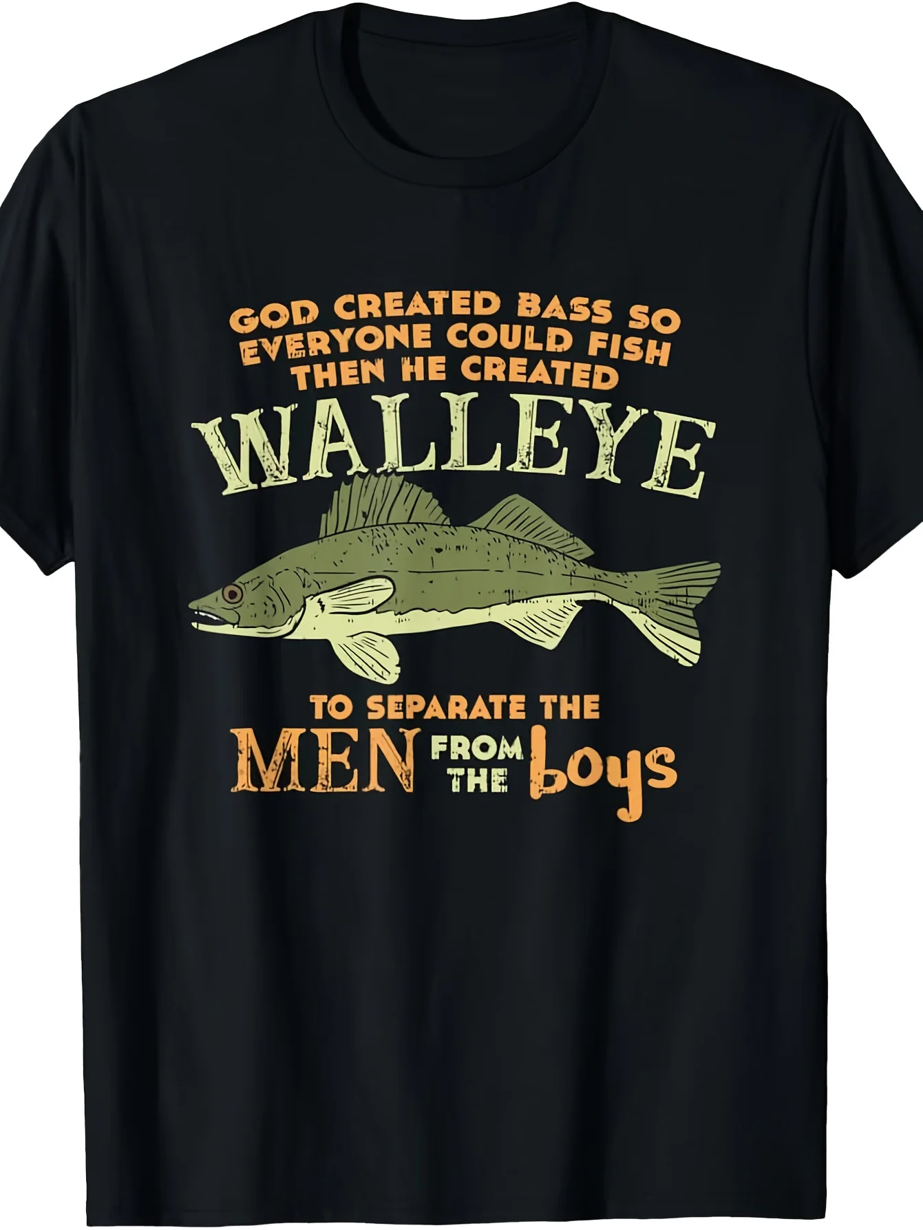 Men's Fun Fishing-Themed T-Shirt—“God Created Bass and Glass Bass to Distinguish between Men and Boys” Slogan, Soft Short-Sleeved Casual Style, Suitable for Everyday Outdoor Wear, Fishing-Themed T-Shirt, Casual Sports Short-Sleeved Shirt, Lightweight and Energetic Top, Breathable, Crew Neck Design on the Front, Simple and Versatile