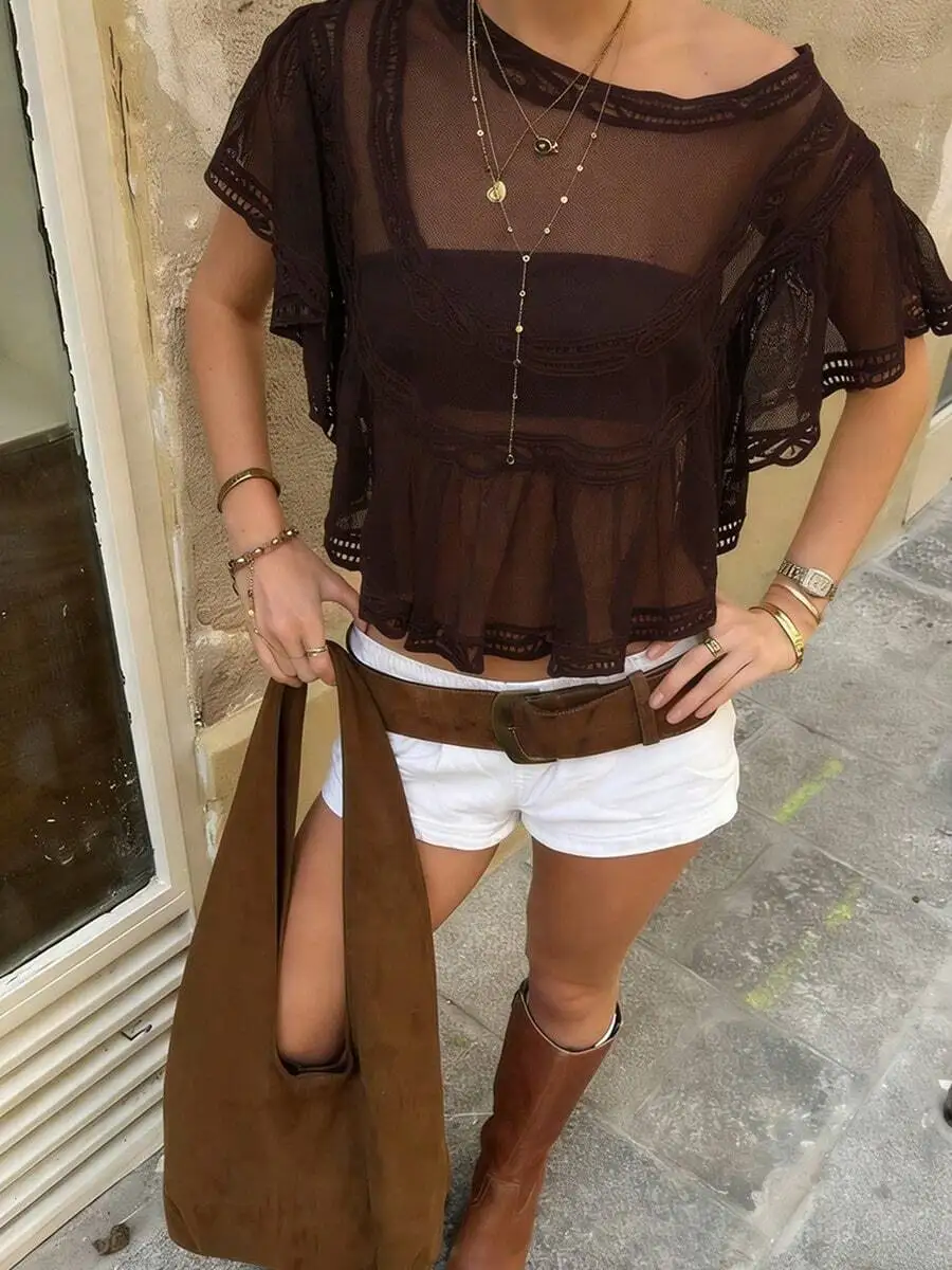

Bohemian Lace Sheer Top Women Loose Short Sleeve Crop Blouse For Summer Casual Vacation