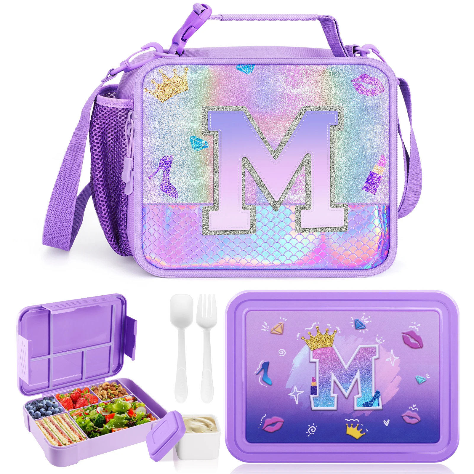 Kinder Bento Lunchbox PIQUEBAR Bento-Lunchbox Für Kinder – Mit 237 Ml Suppenbehälter, Thermo-Tasche & Isolierter Trinkflasche, Perfekt Für Mädchen & Jungen, Rosa Meerjungfrau-Design