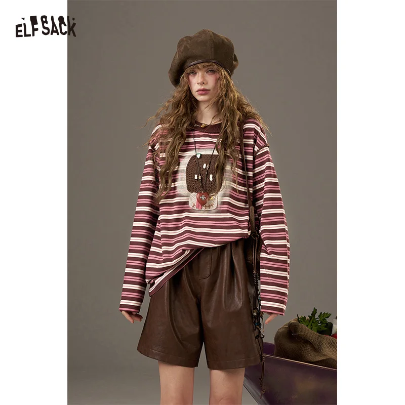 

ELFSACK 2025, зимние новые поступления, минималистичная повседневная классическая полосатая футболка с круглым вырезом для женщин