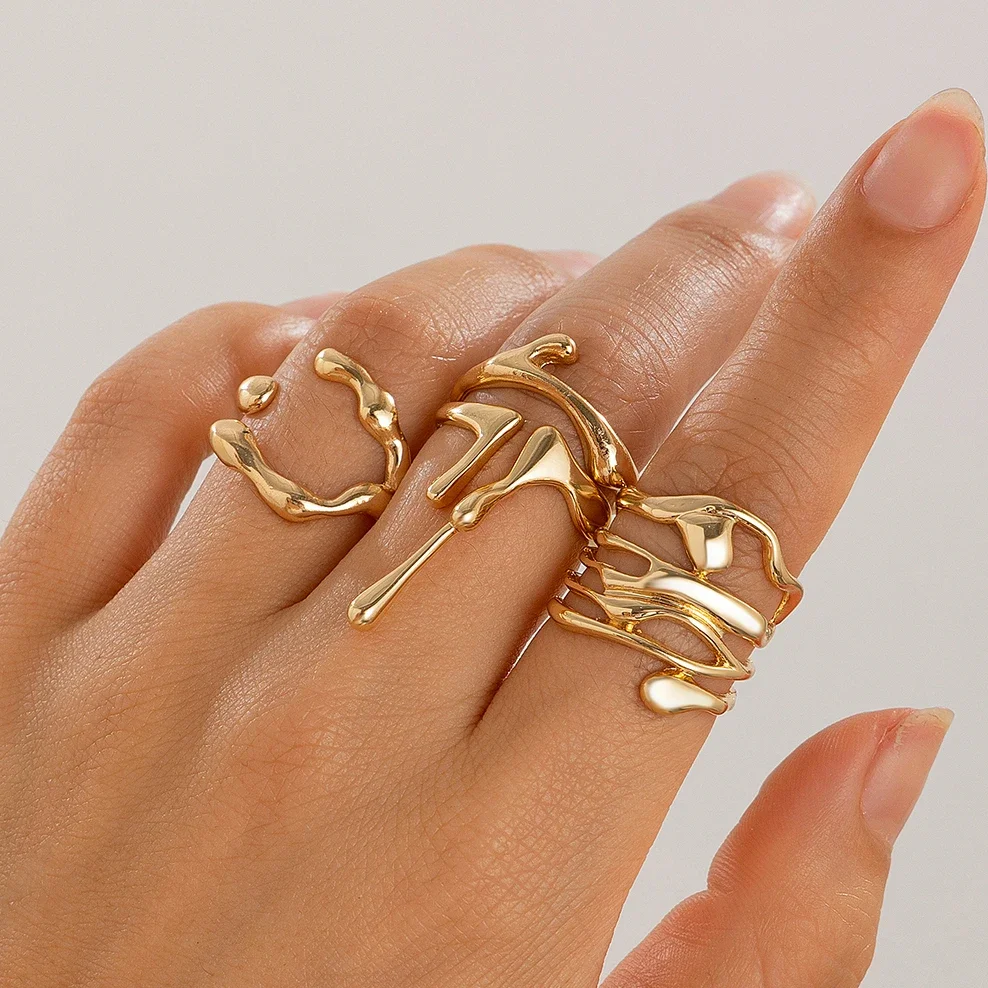 New 4Pcs/Set Vintage Irregular Lava Open Ring for Women Men Goth Gold Color Adjustable Couple Rings Y2K Wed Jewelry Gift