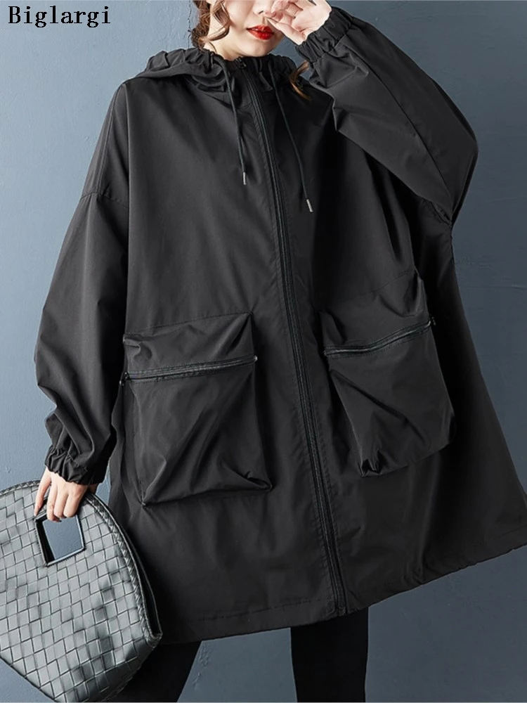 

Oversized Autumn New Hooded Coat Women Loose Pleated Casual Fashion Ladies Jackets Long Sleeve Woman Coats