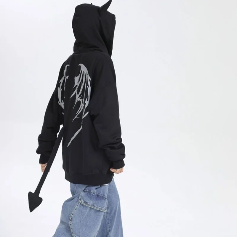 

Y2K Demon Letters Print Tailed Zip Up Hoodies Men's Women Harajuku Gothic Oversized Hoodie Grunge Men's Clothes