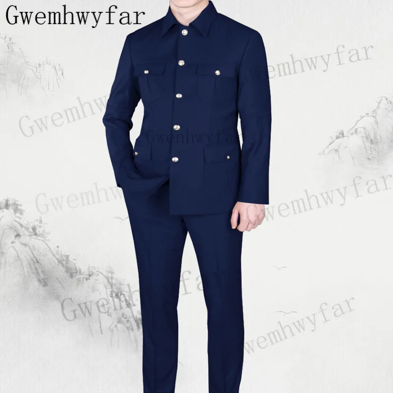 

Gwenhwyfar Affrica Style Collar Africa Style Men Suits Sliver Button Blazer Pants Elegant Navy Blue Business Men Formal Prom Tux
