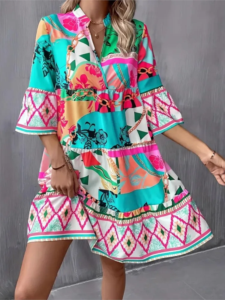 

Lady Fashion Print Dress Casual V Neck Three Quarter Pullover Loose Dresses For Women Boho Holiday Beach Skirts Womens Clothing