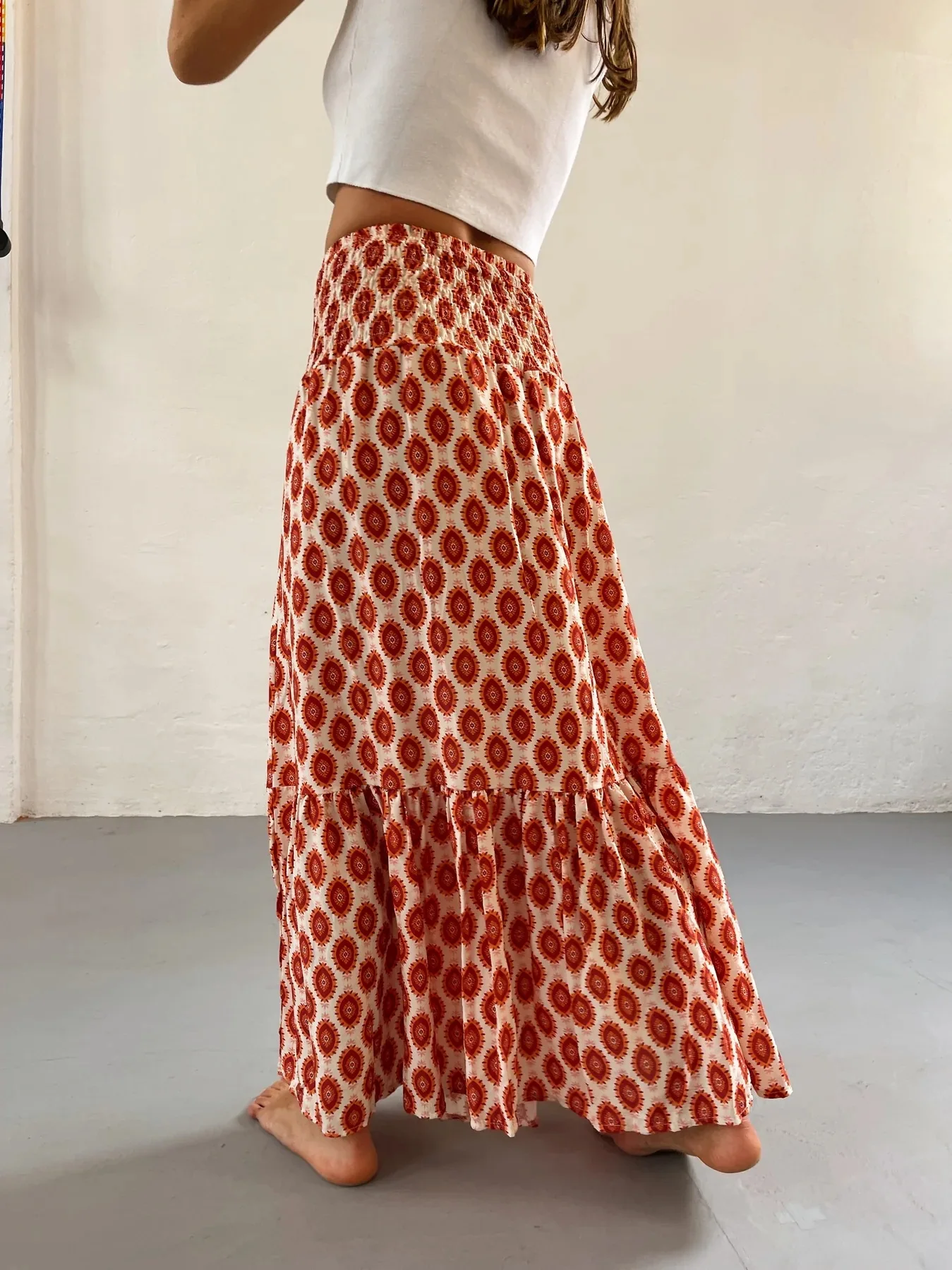 

Fashion Vintage Skirts For Women 2024 Spring Summer New Casual All-match Skirt Loose Elastic Waist Boho Print A-line Skirt