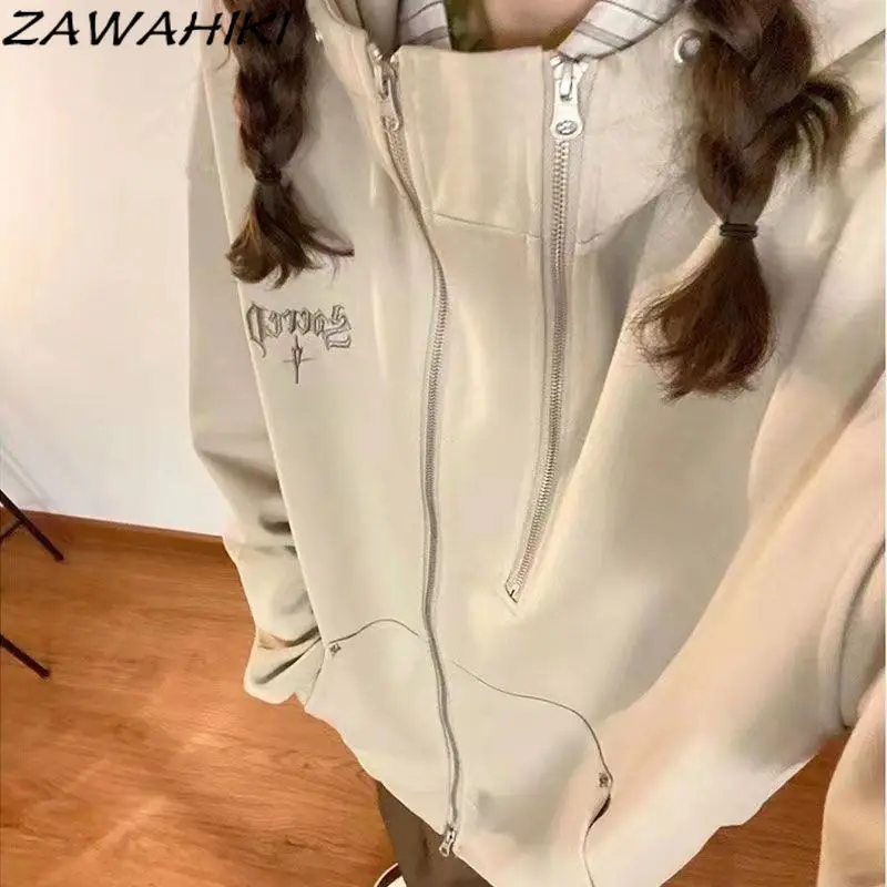 

ZAWAHIKI Jackets for Women Letter Embroidery Zipper Designed American Hoodies Sweatshirt Solid Color Lovers Loose Casual Outwear