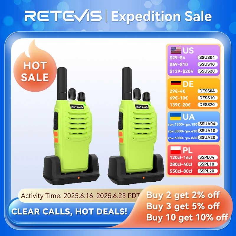 

Retevis H777 Green walkie talkie 2Pcs Portable PMR446 FRS Two-way Radio long range VOX Type-C Walkie-Talkie for Camping Hiking