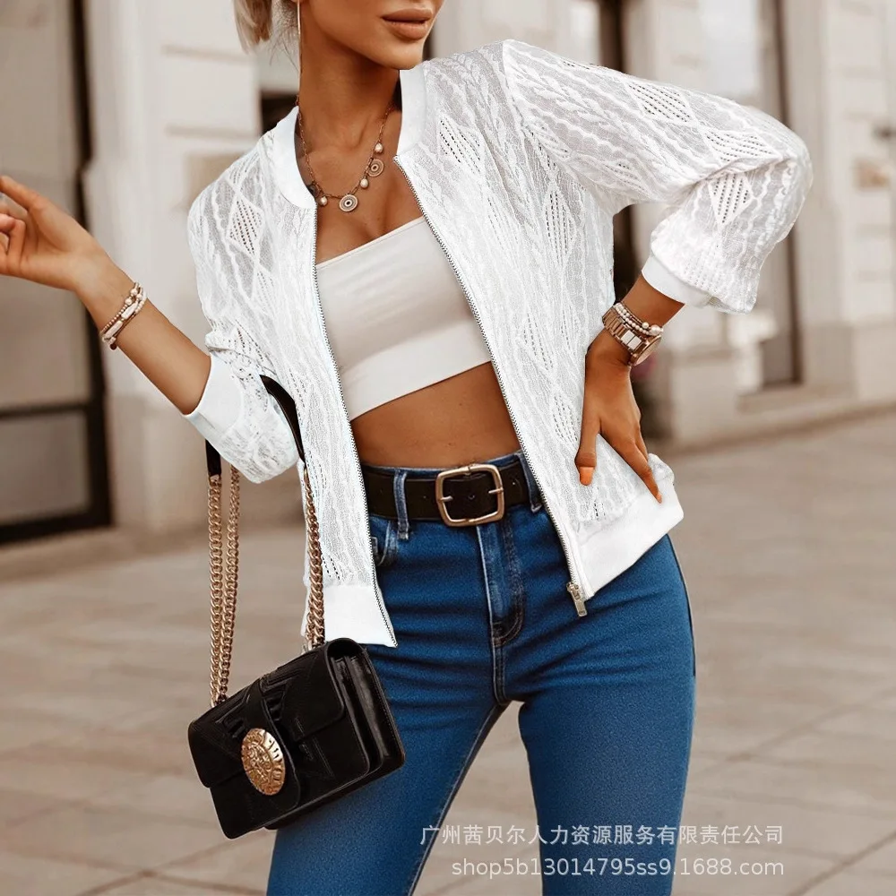 เสื้อแจ็คเก็ตเบสบอลแบบเบา ลาย Jacquard & Diamond ดีไซน์เว้า ซิปแบบลำลอง